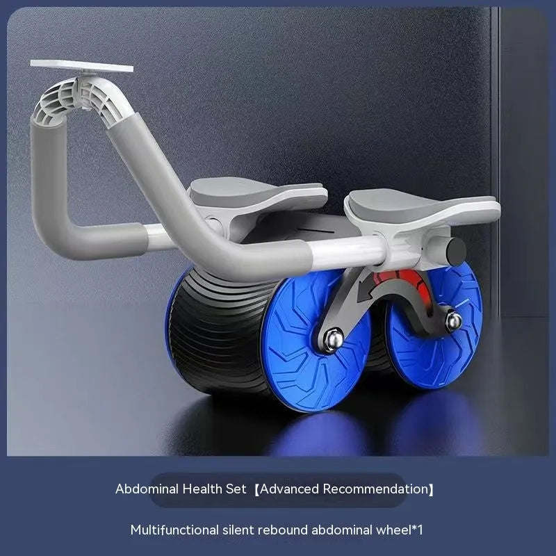 Black abdominal wheel with automatic rebound mechanism next to a thick grey lock-edge NBR yoga mat.