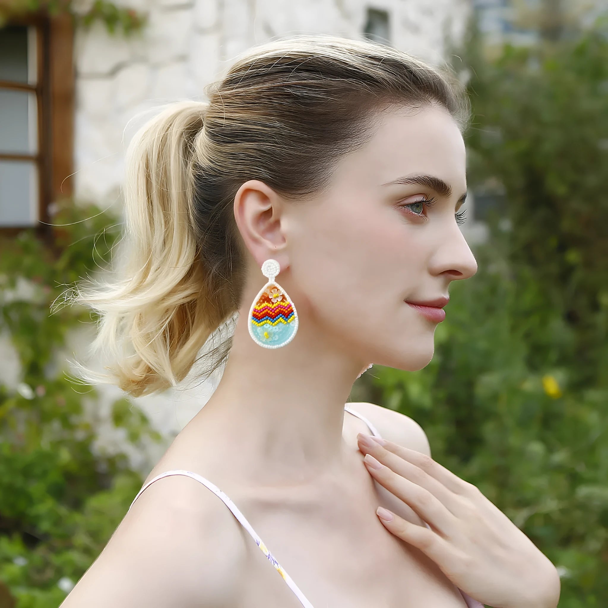 Hand-woven geometric beaded earrings in literary retro style with rainbow pattern, 6.7cm