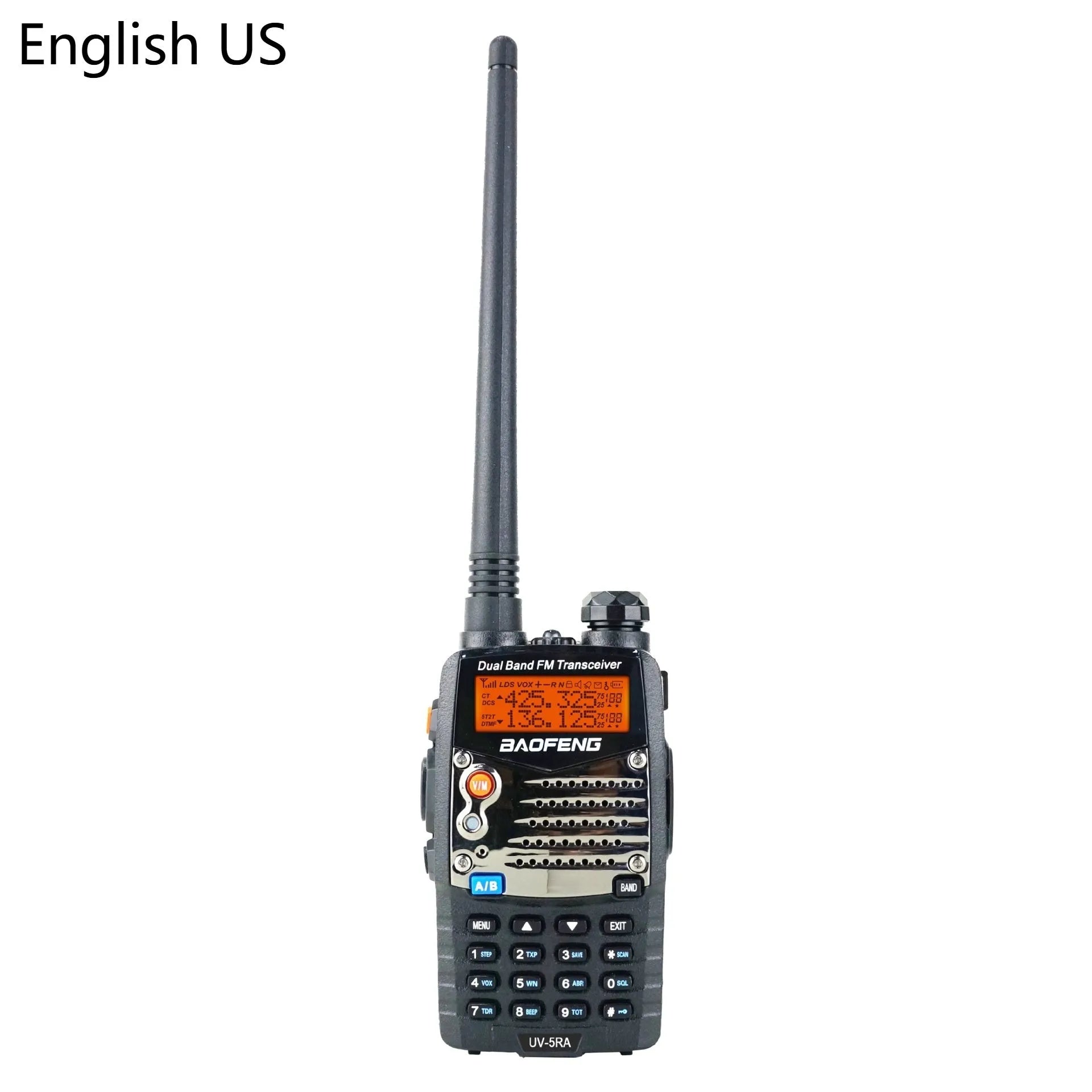 Baofeng UV-5RA black handheld dual-band radio with display screen and antenna.