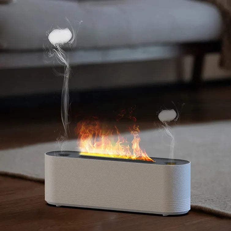 Black or white Flame Air ultrasonic humidifier and aroma diffuser with 7-colour LED lights on.