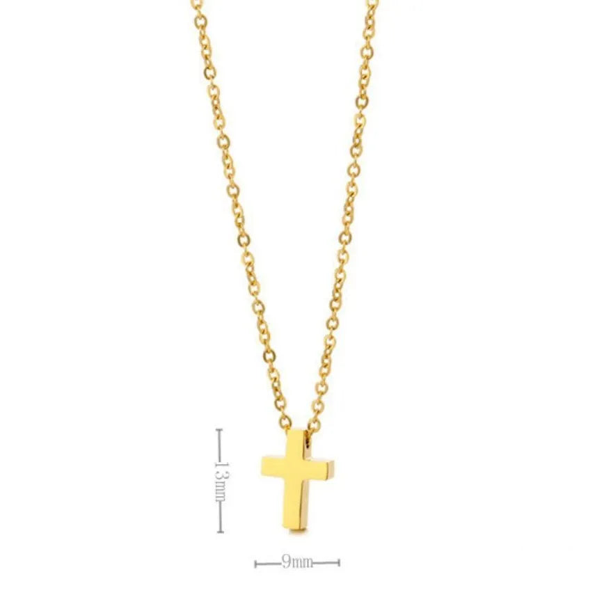 Classic titanium steel cross pendant necklace on O-ring chain in gold colour finish, adjustable 41-50cm