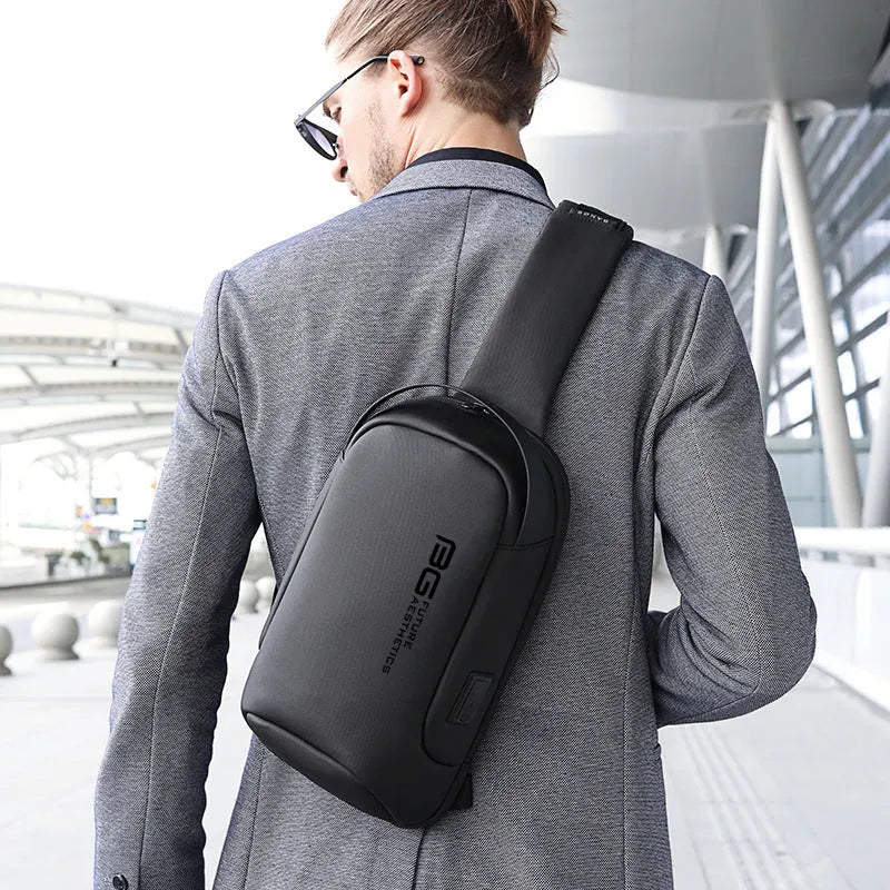Men's casual Oxford cloth shoulder bag with USB charging port in four colour options.