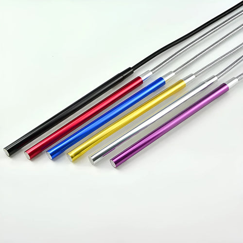 Spiral-shaped aluminium USB desk lamp in metallic colour, showing its 420mm height and push-button switch.