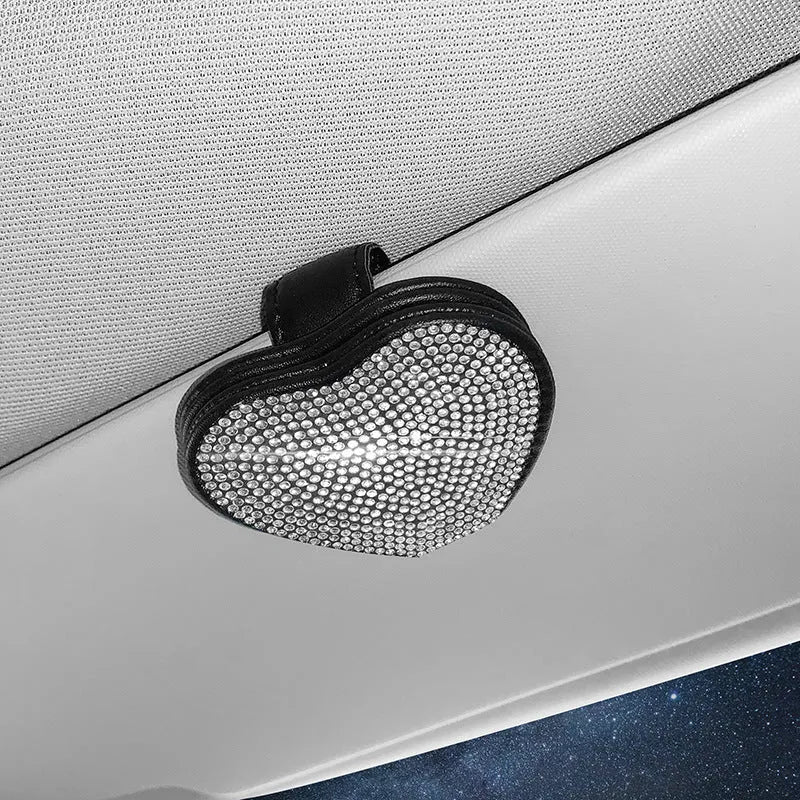 Diamond-encrusted PU leather car sun visor clip with magnetic closure for glasses and document storage