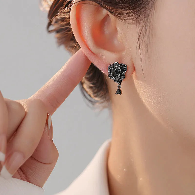 Black rose zircon flower stud earrings with 18K copper electroplating