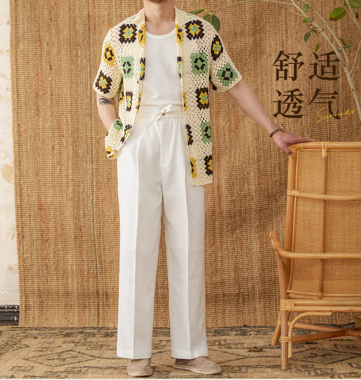 Linen straight-leg trousers with lace detail and an elasticated high waistband in greige.