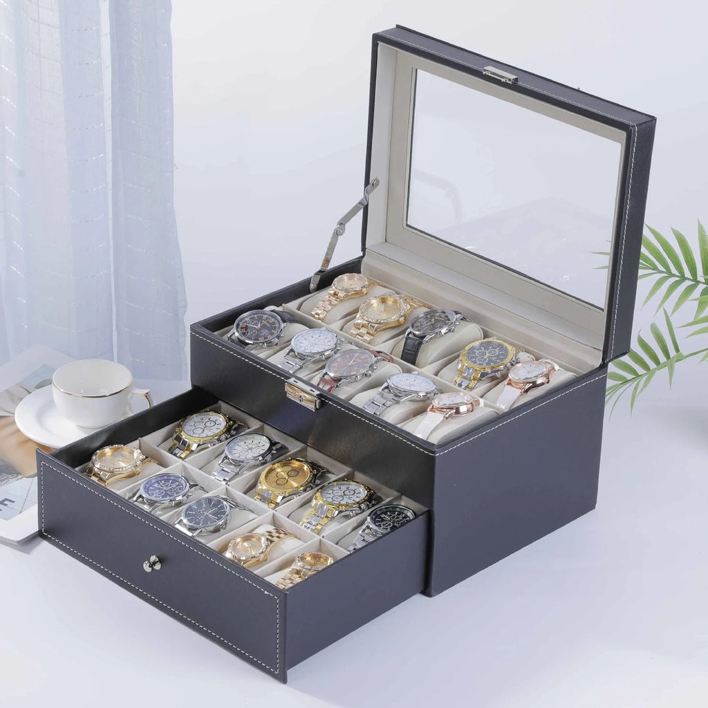 Grey high-grade leather watch storage box with a clear see-through lid showing internal compartments.