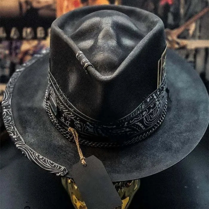 Handmade wool skull hat with conical crown and embroidered design