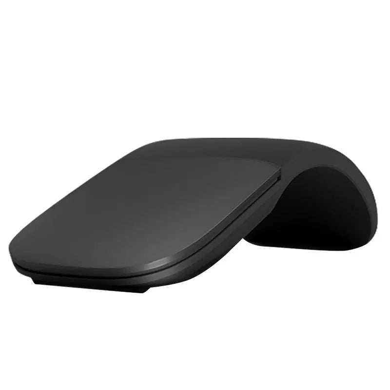 Folding wireless Bluetooth mouse showing compact design with touch surface and portable folded position