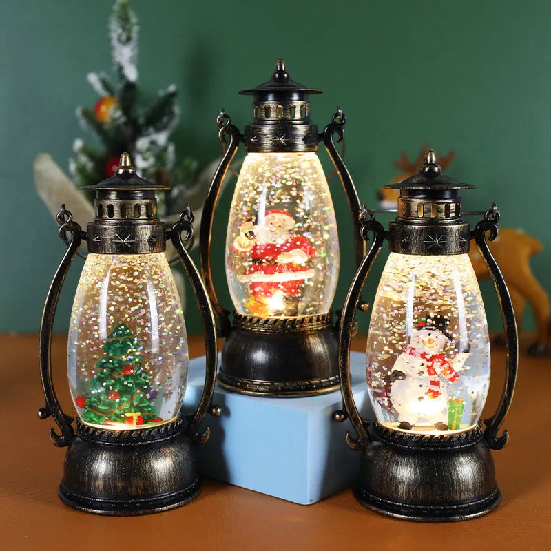 LED crystal ball oil lamp Christmas decoration with snowman or elderly figure inside coloured paper globe