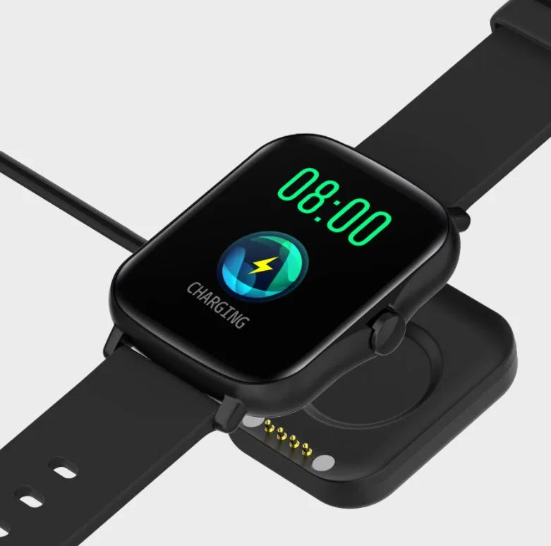 Black smart watch with 1.7-inch colour touch screen on adjustable strap, showing fitness tracking interface.