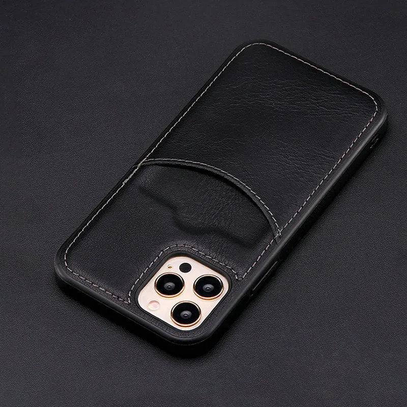 Dark blue PU leather protective case for iPhone shown on a smartphone.