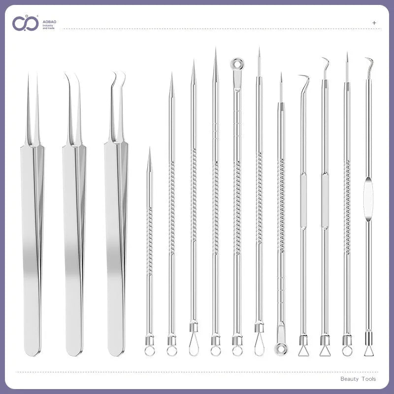 Four silver metal acne needles with ultra-fine pointed tips for skincare extraction.