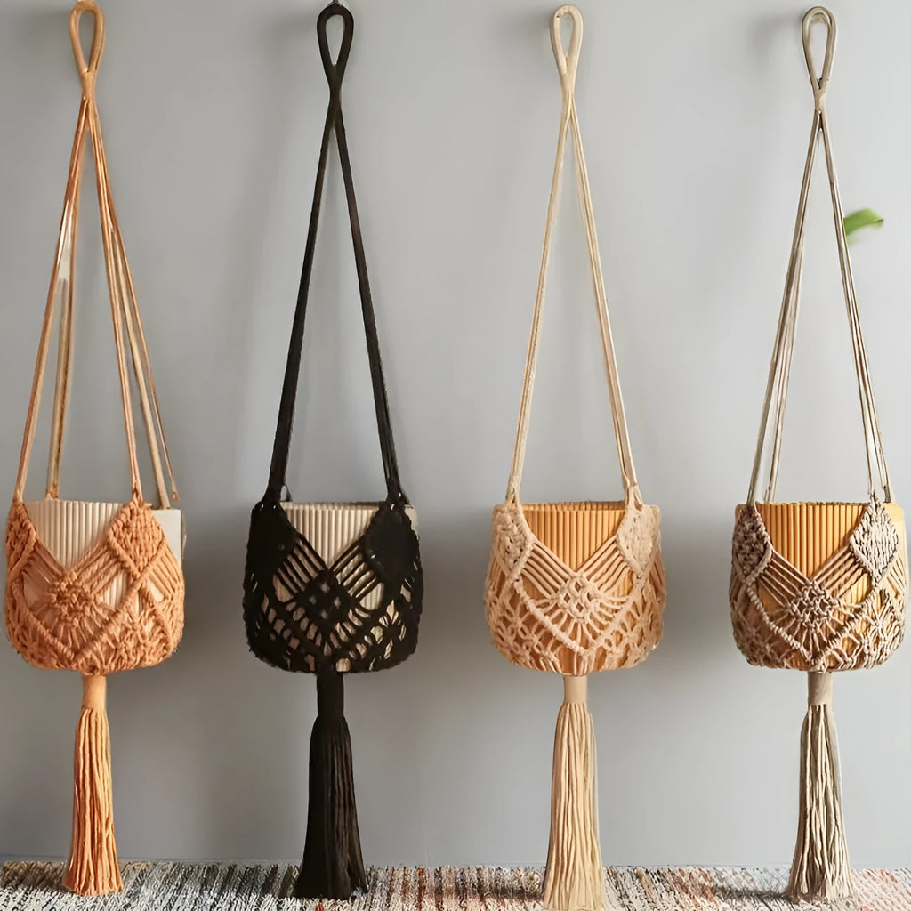 Hand-woven cotton polyester flower pot net with extension cord in a choice of seven colours.
