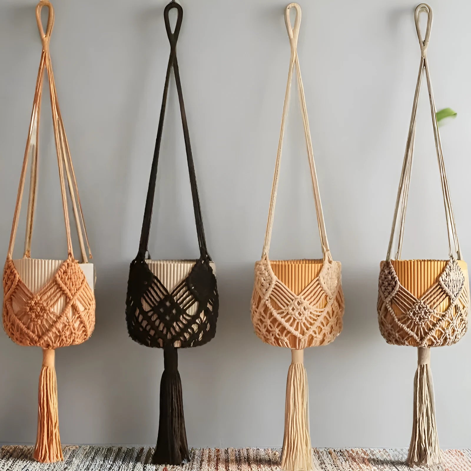 Hand-woven cotton polyester flower pot net with extension cord in a choice of seven colours.
