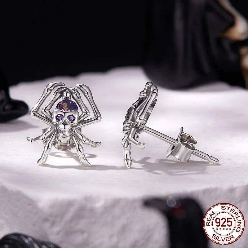 Halloween skull spider stud earrings S925 sterling silver with zircon inlay for women