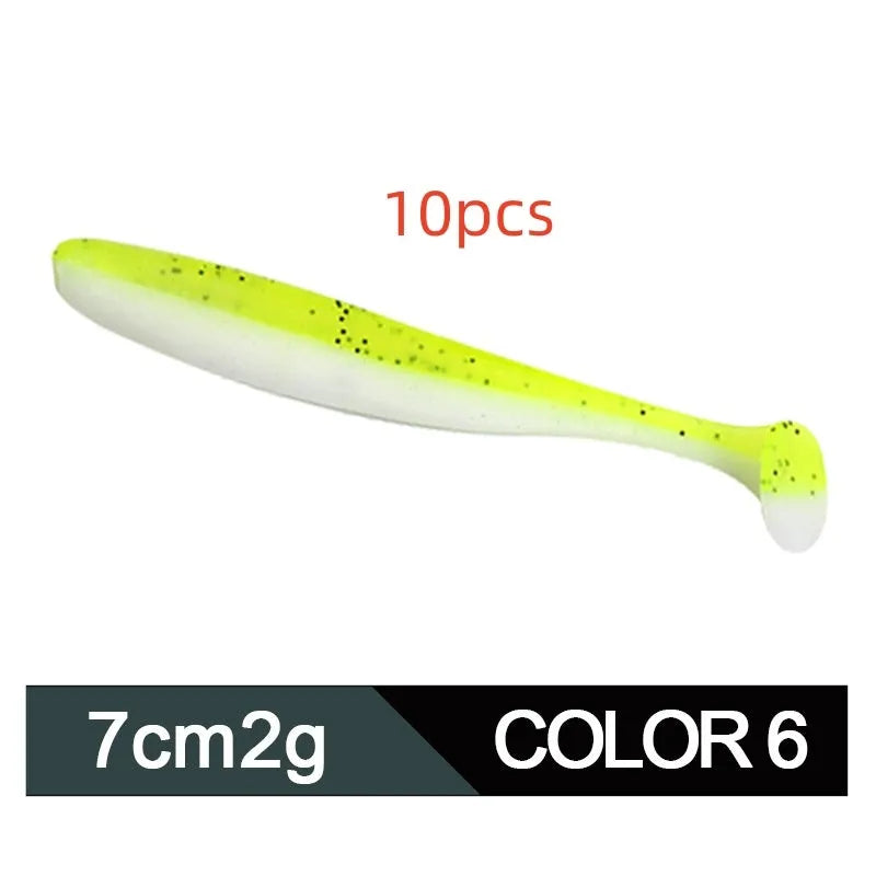 Two-tone soft plastic fishing lure measuring 7cm with T-tail design in various colour options