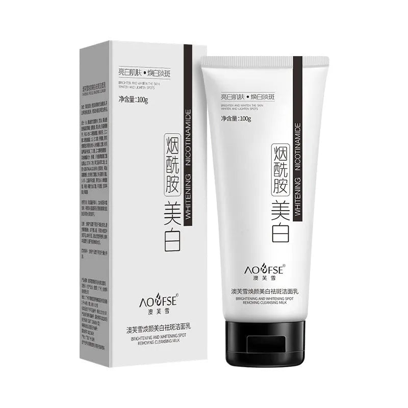 White bottle of 100ml whitening and freckle removing facial cleanser for universal use.
