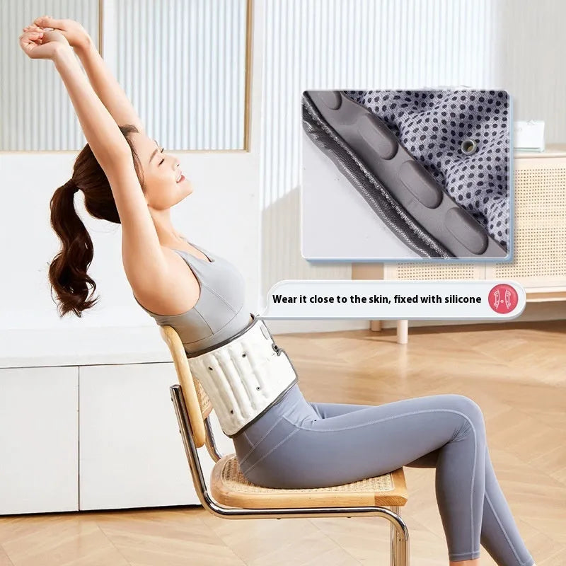 Lumbar waist supporter with automatic inflation for disc stretch correction, showing PU construction and UK power plug