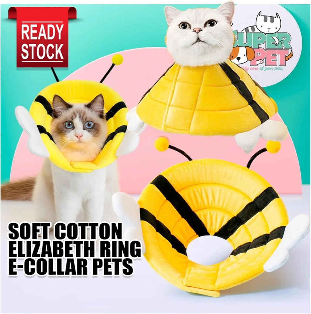 Soft cat cone collar with black and yellow bee design and Velcro strap.