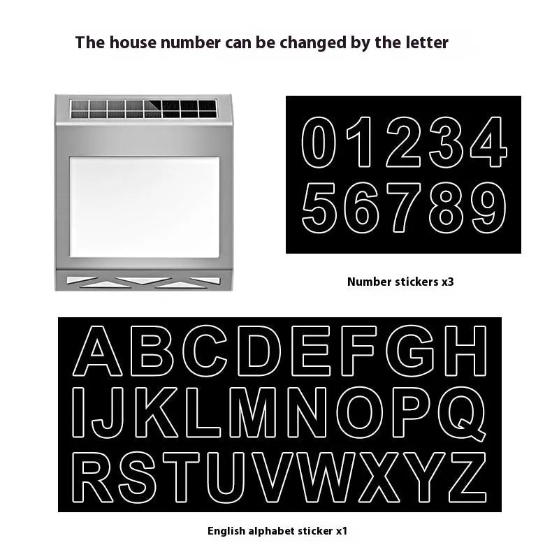 Solar powered waterproof doorplate light for outdoor address numbers with black and silver colour options