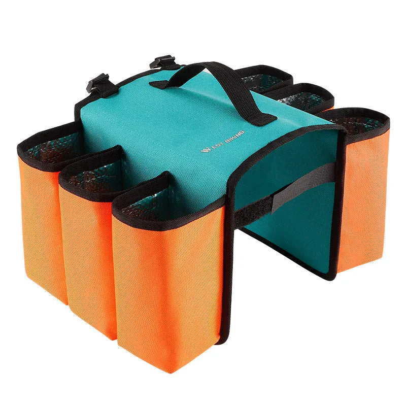 Black bicycle drink bottle cage storage bag mounted on bike frame showing 600D PVC construction and 2-litre capacity