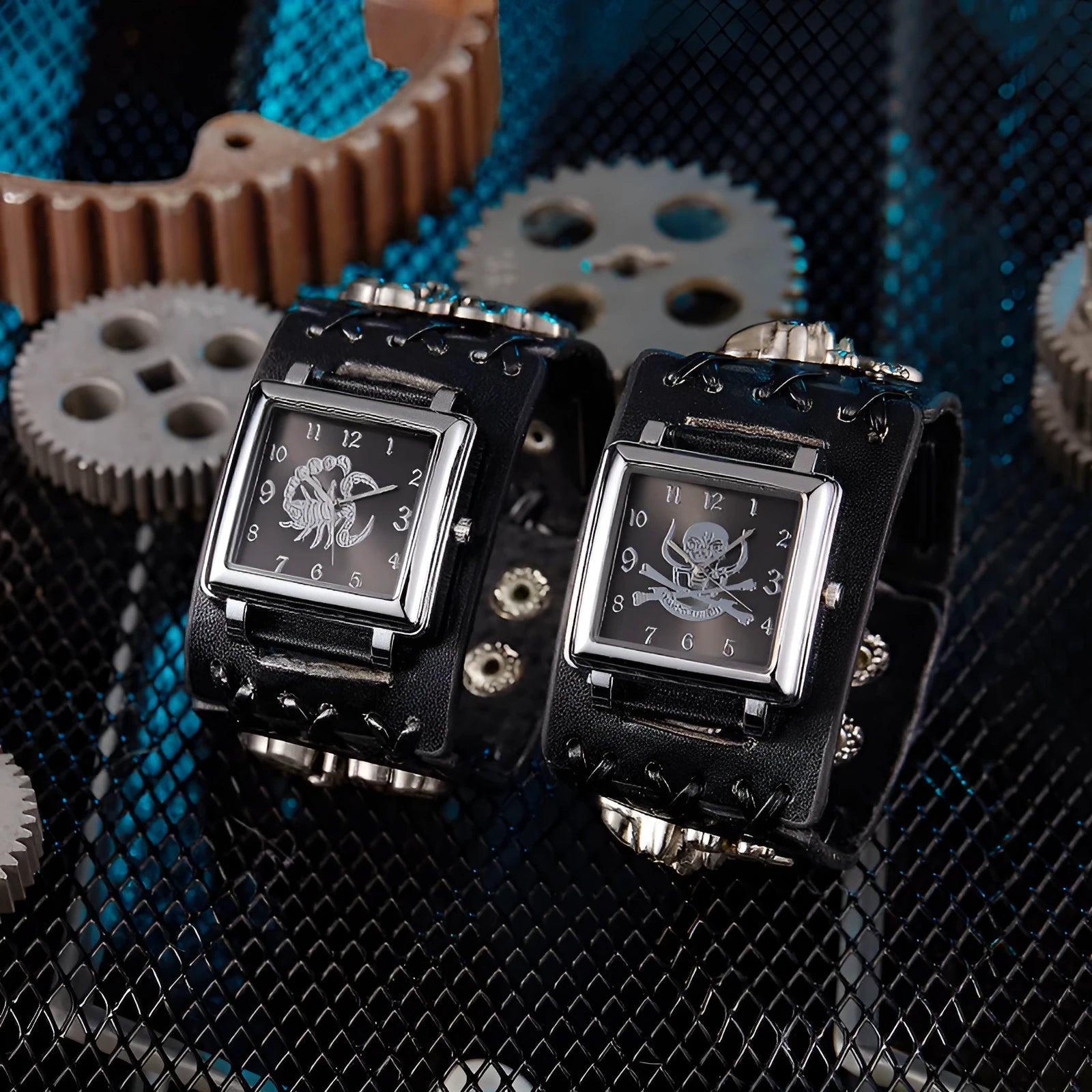 Black punk watch with scorpion design on dial, PVC case, quartz movement