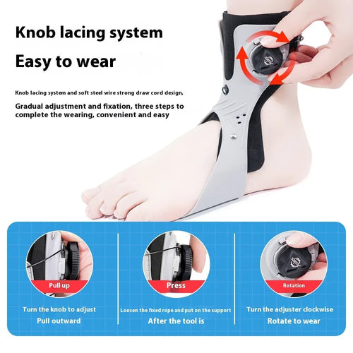 Grey and black ankle fixation brace with an airbag button, shown in left and right versions.