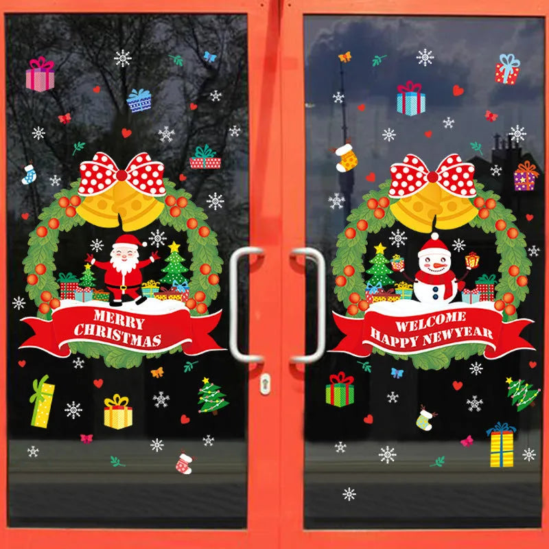 Two large 60x45cm colourful Christmas wall stickers with cartoon designs for electrostatic window application.