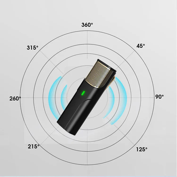 Black wireless lavalier lapel microphone with clip and Type-C charging cable on a table.
