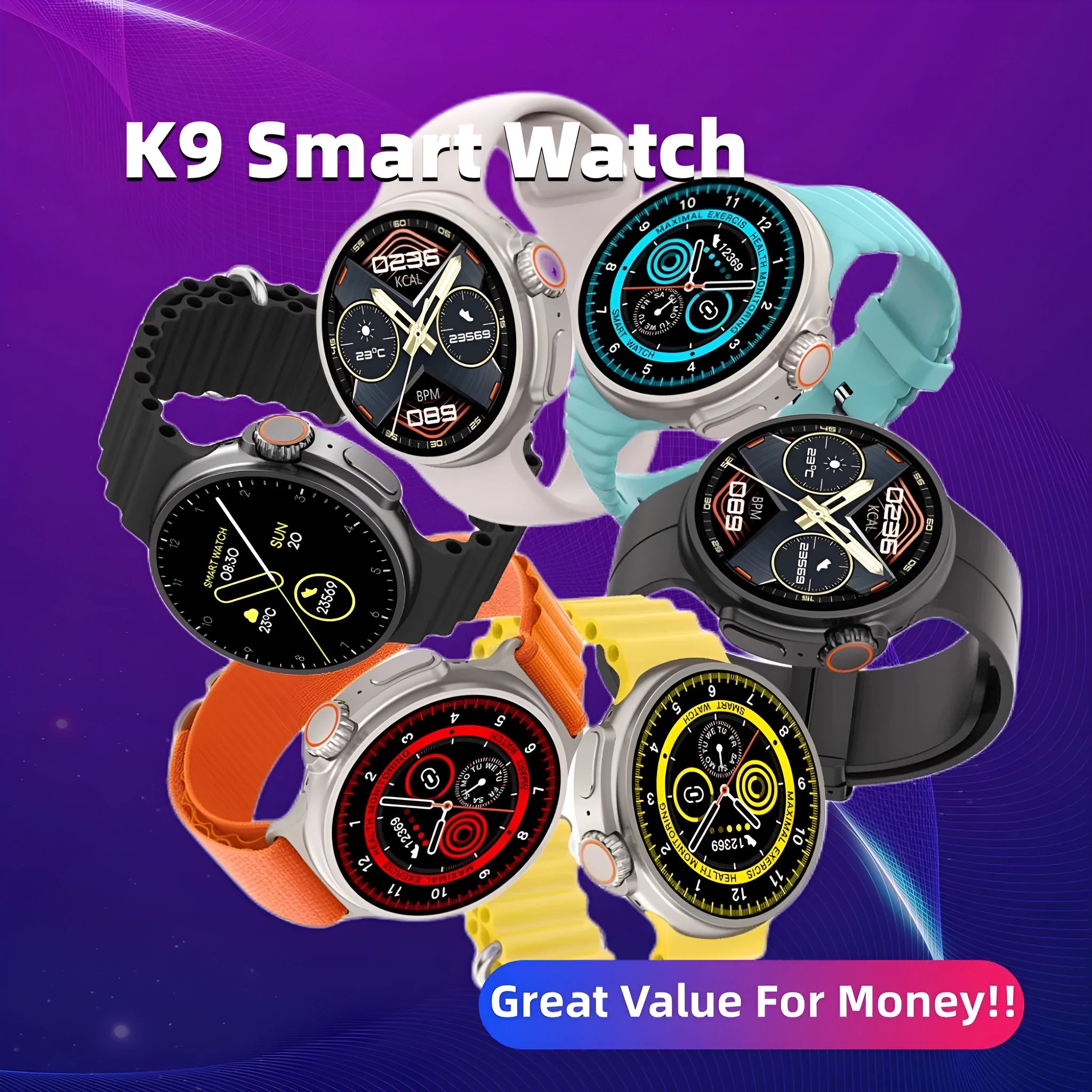 K9 smart watch with round screen on silicone strap, showing NFC and health tracking interface