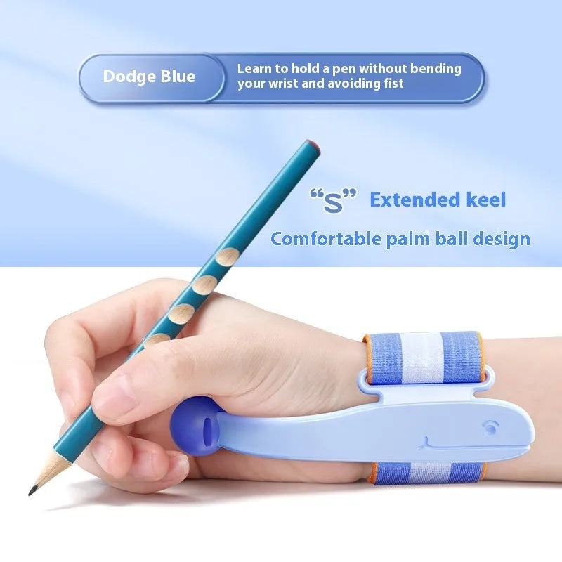 Blue Anti-hook Holder Pen Control Corrector wrist brace on a hand holding a pencil.