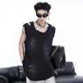 Men's black sleeveless waistcoat vest with ripped irregular cutting details and round neck collar