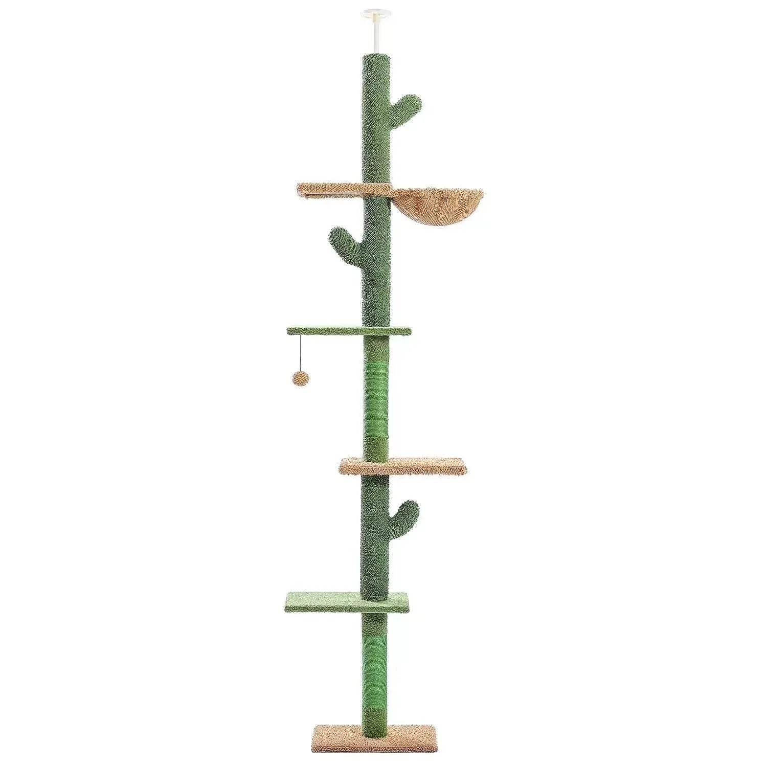 Tall cactus-shaped cat tree with platforms, a scratch board, and a hammock.