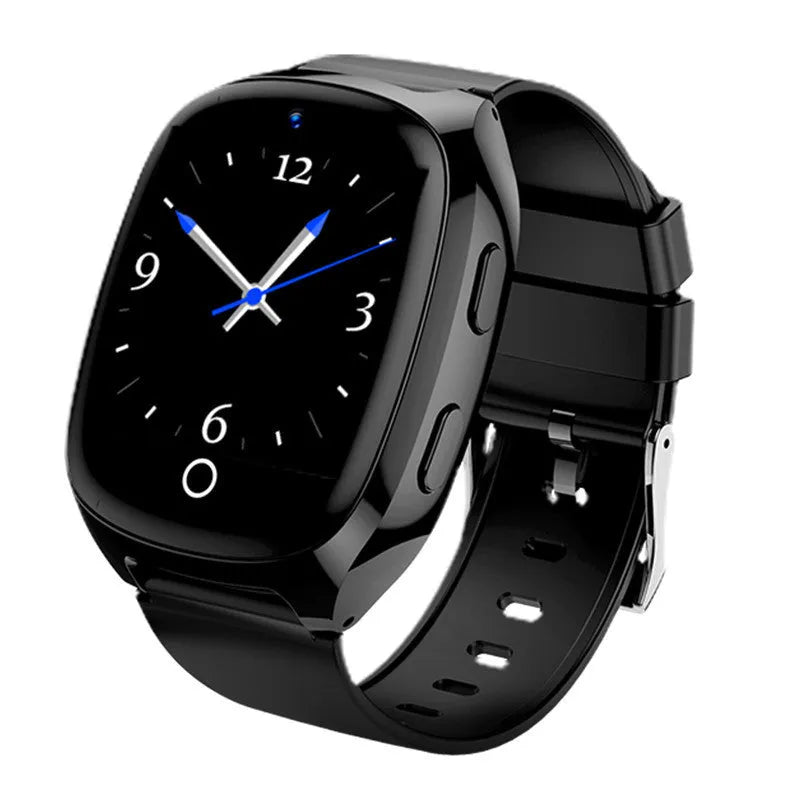 Black GPS tracker smartwatch with 1.54-inch touch screen displaying health metrics and SOS function