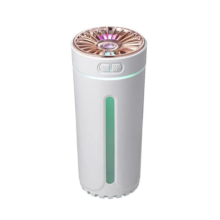 Black and white portable USB rechargeable humidifier with colourful LED lights on a car cup holder.