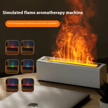 Square black USB aroma diffuser with colourful flame simulation effect and water mist emission