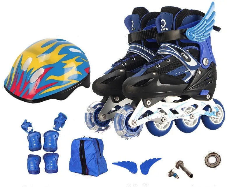 Adjustable children's roller skates with PU foam wheels and aluminium frame, including protective gear set and helmet