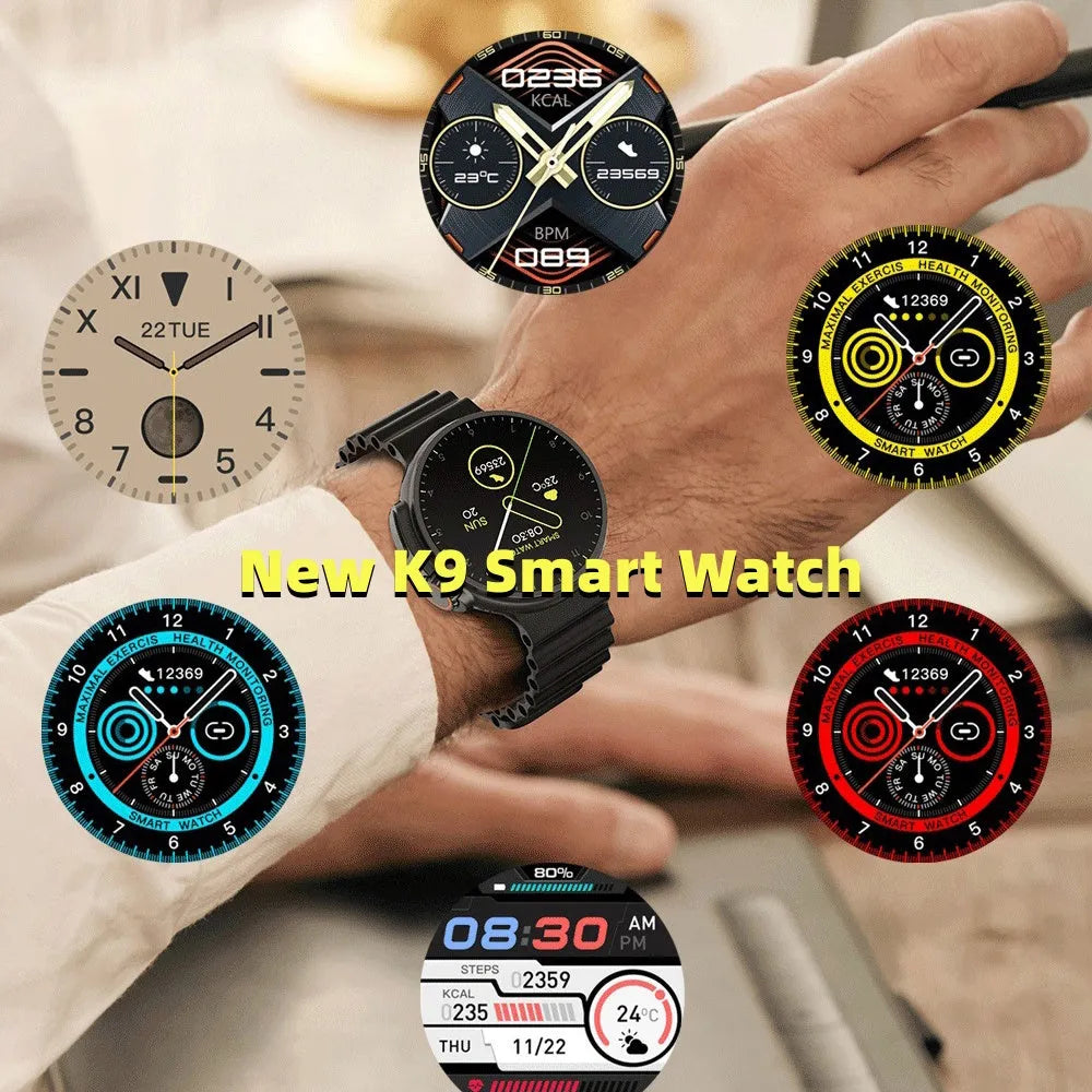 K9 smart watch with round screen on silicone strap, showing NFC and health tracking interface