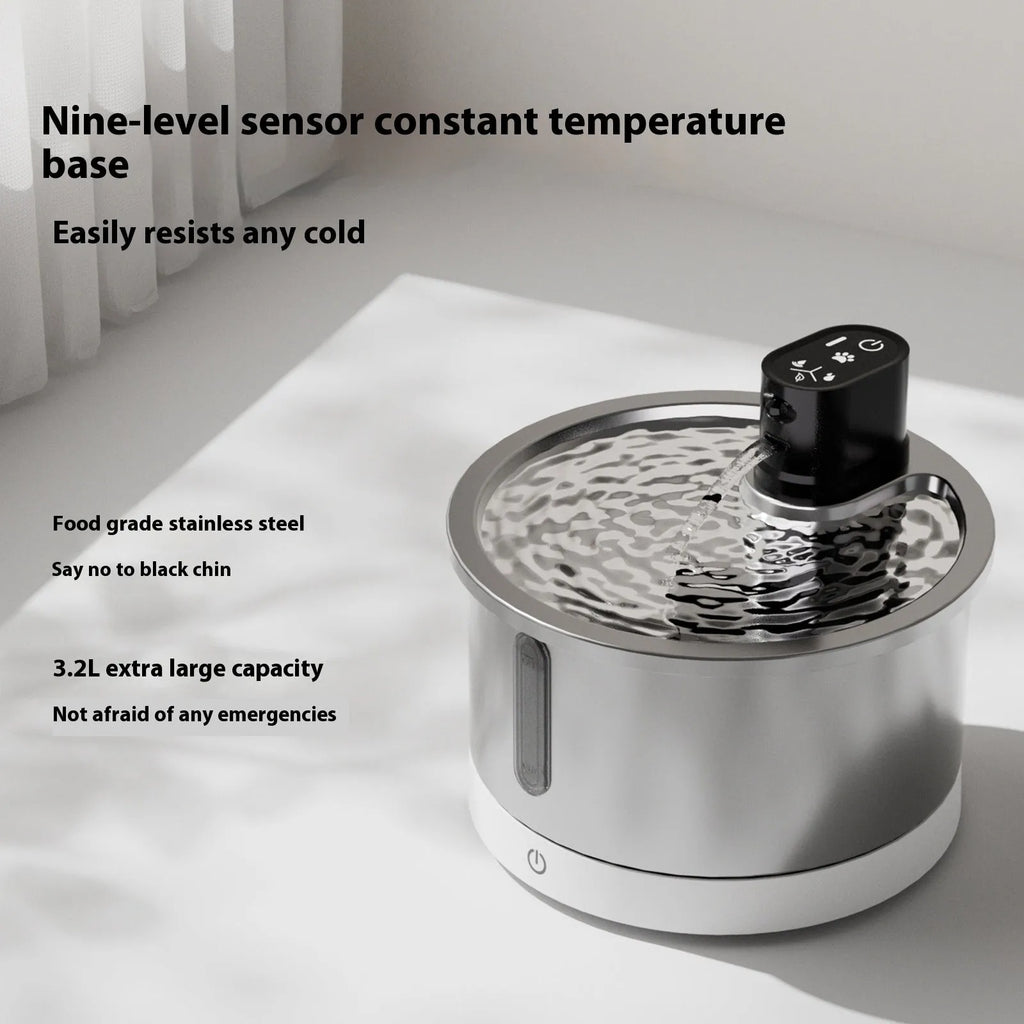 Stainless steel pet water fountain with temperature control base for dogs and cats