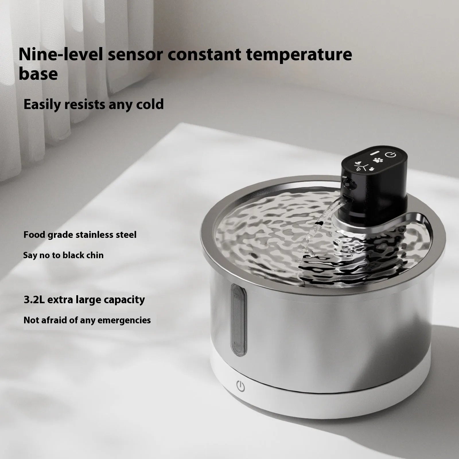 Stainless steel pet water fountain with temperature control base for dogs and cats