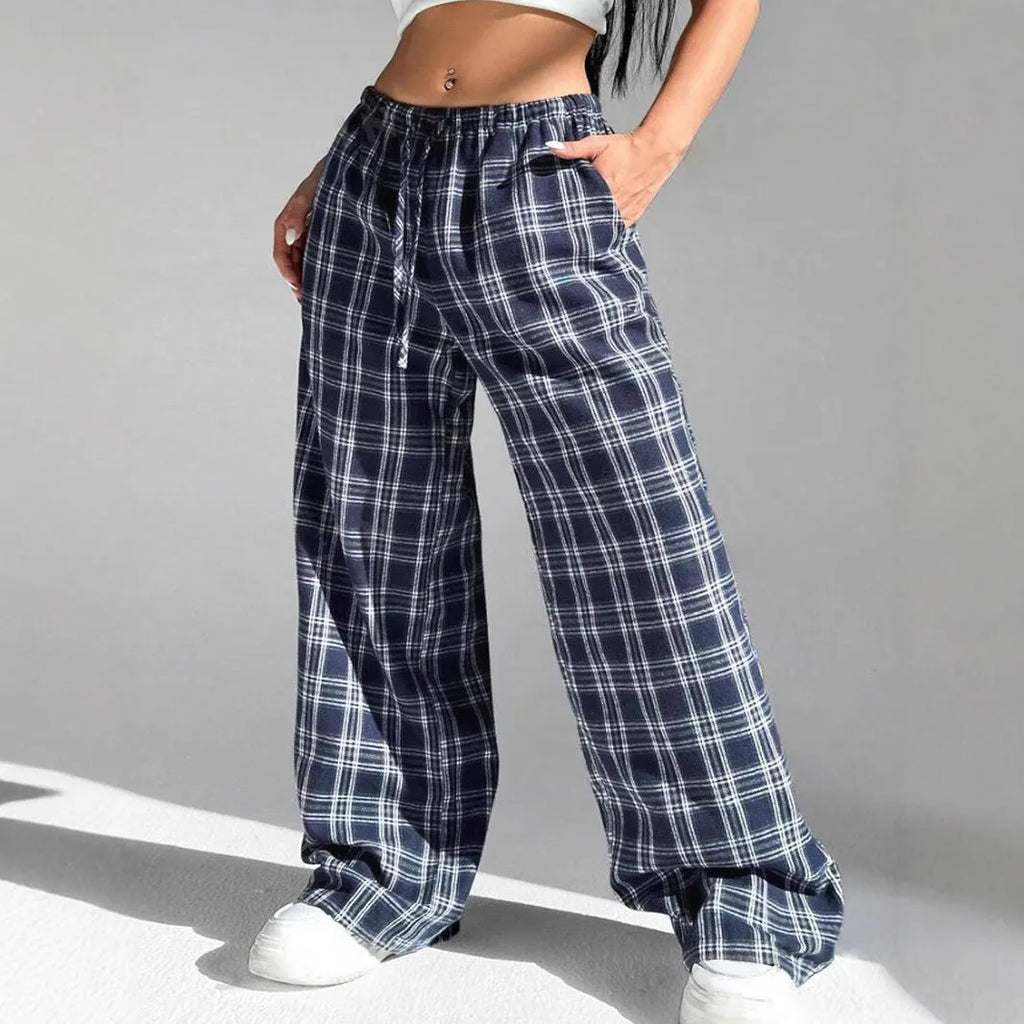 Women's casual trousers with drawstring waist and plaid pocket in red or blue