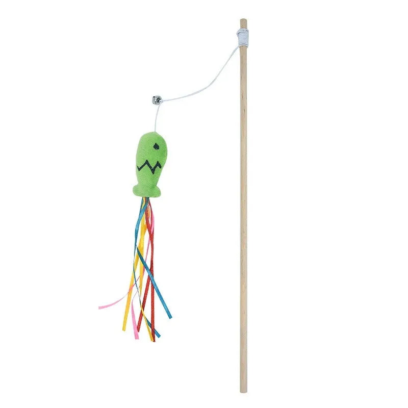 Blue cat wand toy with colourful ribbons, a catnip fish, and a bell on a wooden handle.