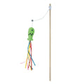 Blue cat wand toy with colourful ribbons, a catnip fish, and a bell on a wooden handle.