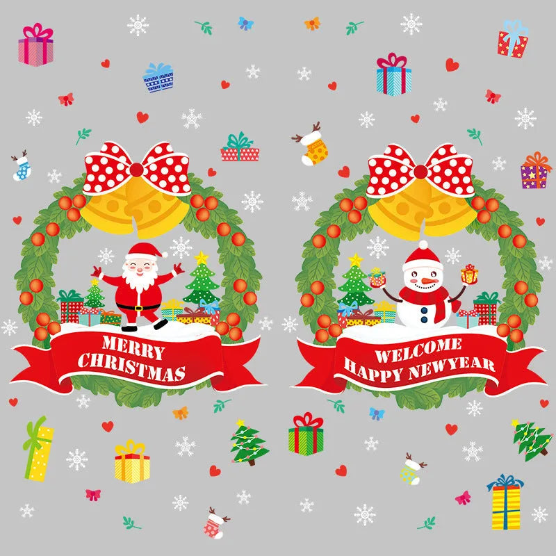 Two large 60x45cm colourful Christmas wall stickers with cartoon designs for electrostatic window application.