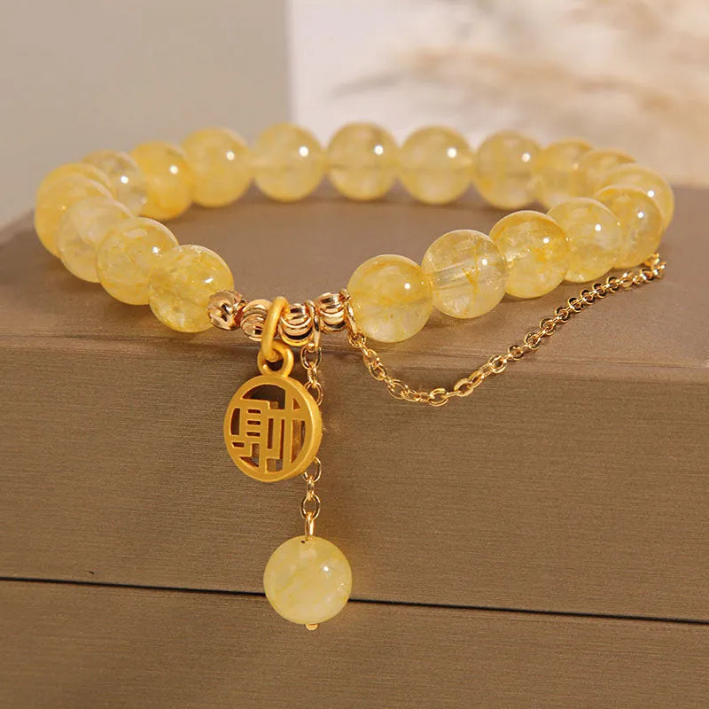Natural citrine stone bracelet with Chinese fu character charm and adjustable brass chain