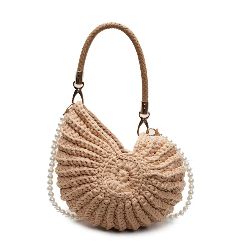 Handmade woven bag women's shell shape cloth crossbody double shoulder straps Milky White finished product