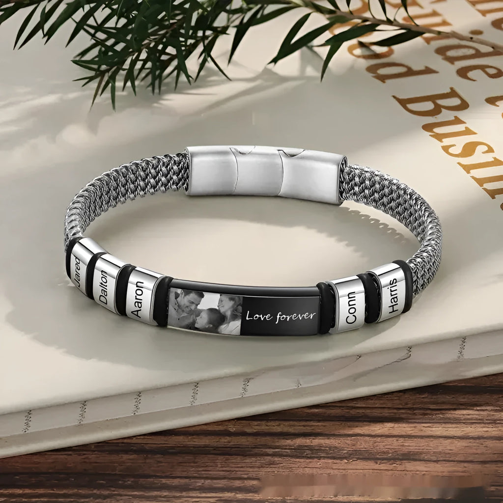 Titanium steel men's bracelet with heart-shaped lettering beads and braided leather rope sections.