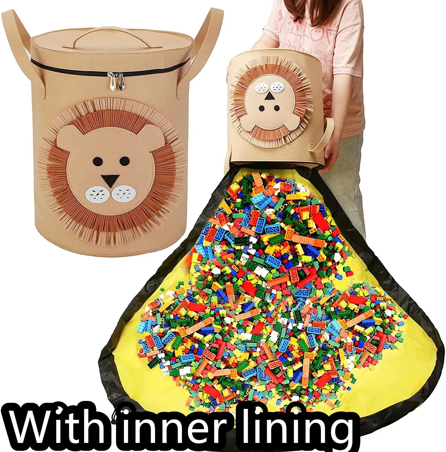 Green felt cube storage bag with pull rope open as a floor play mat for toys.