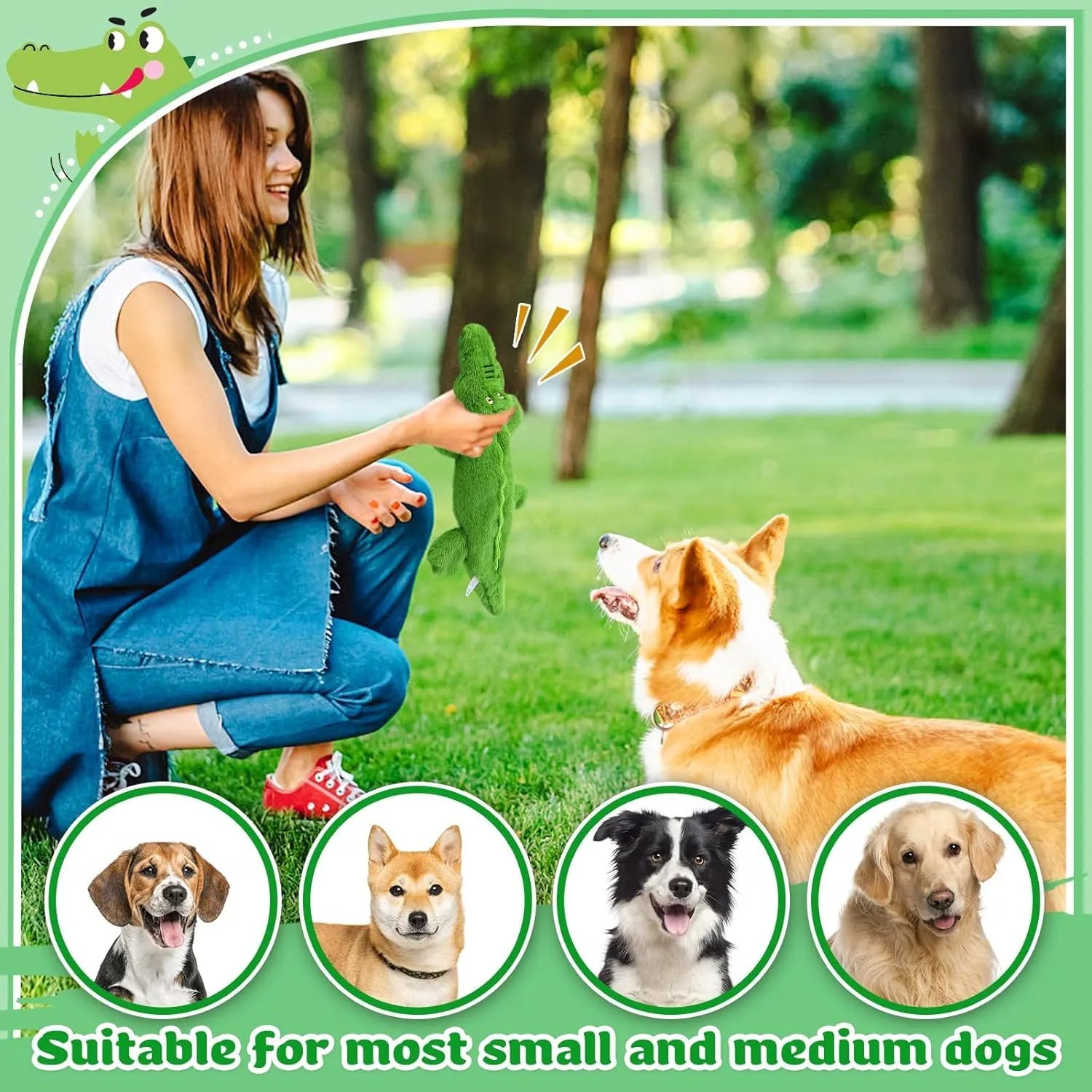 Green crocodile-shaped plush dog toy with squeaker in head and crinkle paper tail